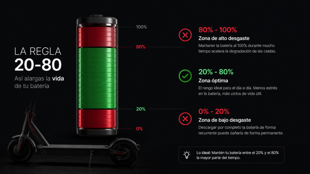 Infografía regla 20-80 para alargar la vida de la batería del patinete eléctrico