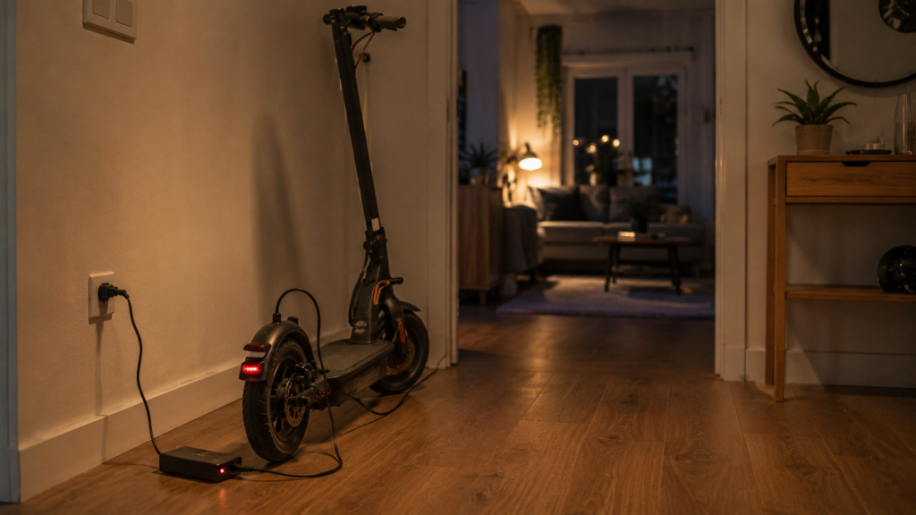 Patinete eléctrico enchufado al cargador original en pasillo ventilado de casa
