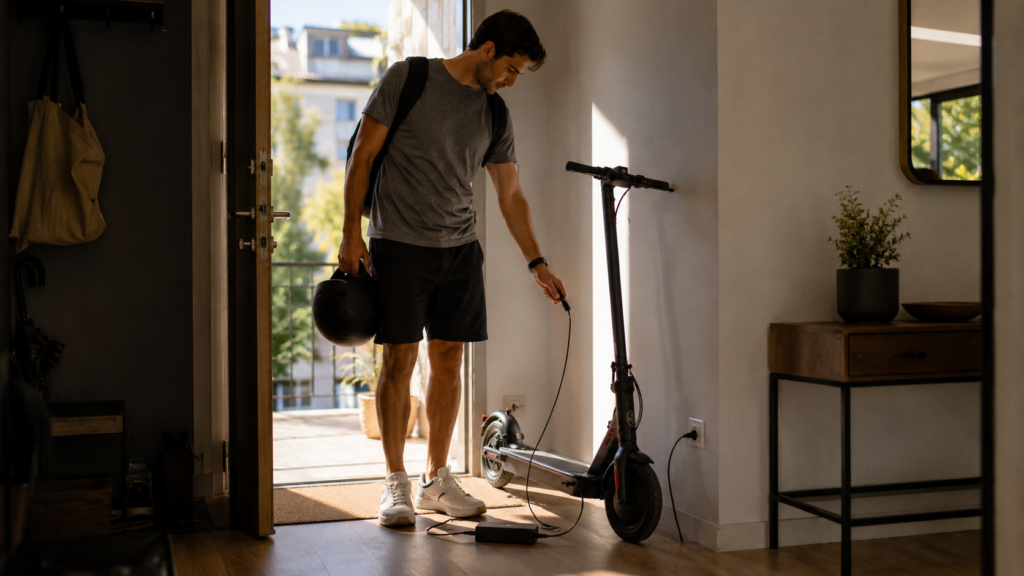 Persona enchufando correctamente su patinete eléctrico a cargar al llegar a casa