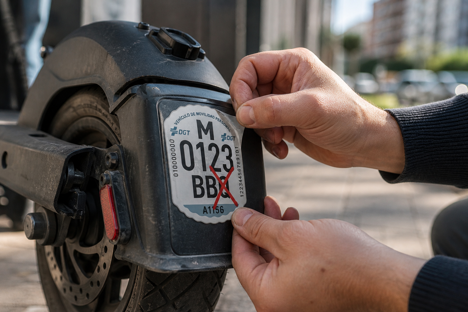 Cambio de etiqueta identificativa en patinete eléctrico por error DGT con la letra Q en la matrícula