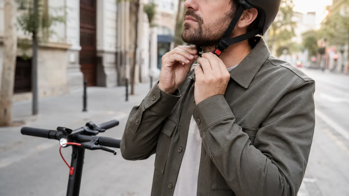 Usuario ajustándose el casco antes de usar un patinete eléctrico