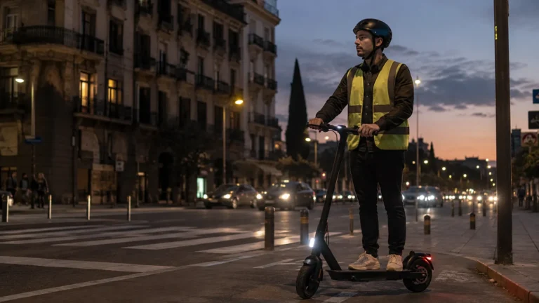 Usuario de patinete eléctrico con casco y chaleco reflectante en ciudad