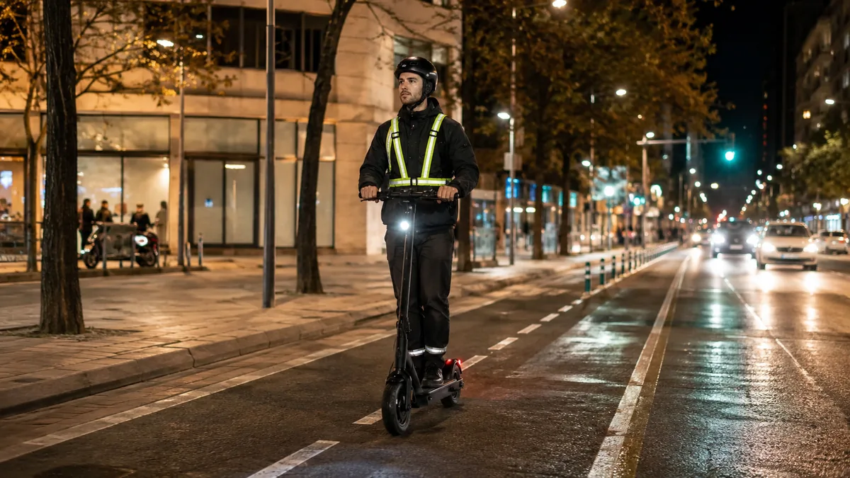 Usuario circulando de noche en patinete eléctrico con luces y elementos reflectantes